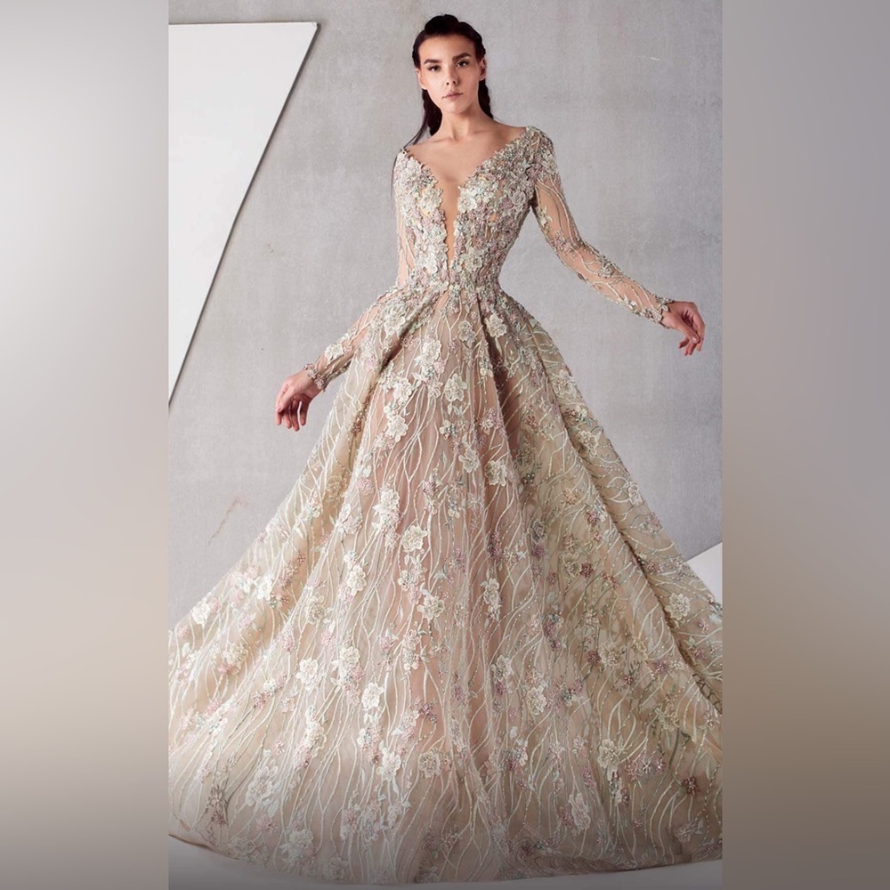 MNM COUTURE - K3765 Embroidered Long Sleeve Deep V-neck A-line Gown
